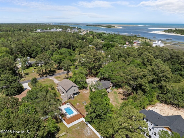 bird's eye view with a water view and a view of trees