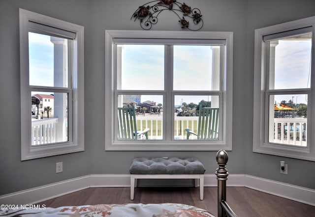 sitting room with baseboards and wood finished floors