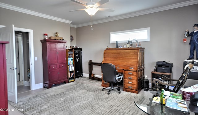office area with baseboards, ornamental molding, a ceiling fan, and visible vents