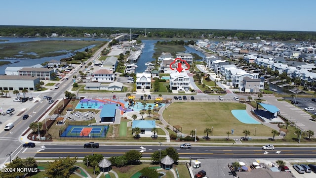 aerial view featuring a water view