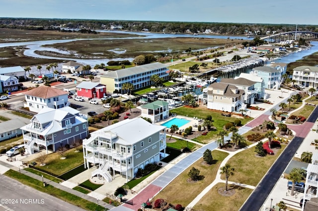 drone / aerial view featuring a water view
