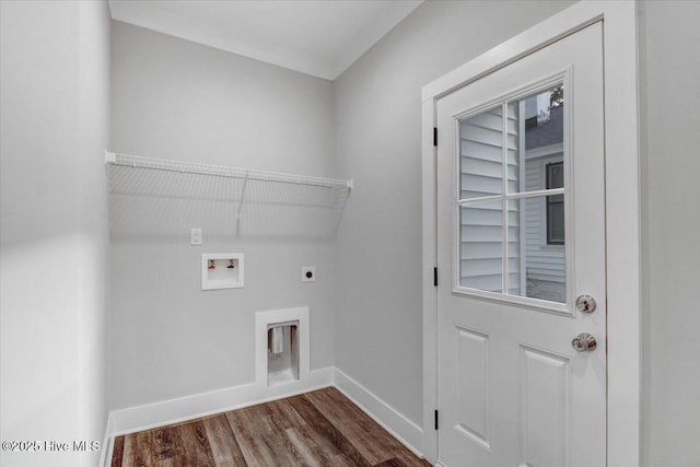laundry area featuring laundry area, hookup for an electric dryer, hookup for a washing machine, dark wood-style flooring, and baseboards