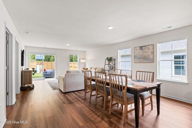 dining room featuring dark wood-type flooring, recessed lighting, baseboards, and visible vents