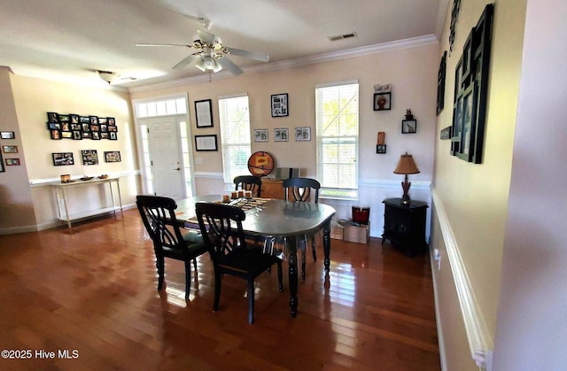 dining room featuring crown molding, visible vents, wainscoting, wood finished floors, and a ceiling fan
