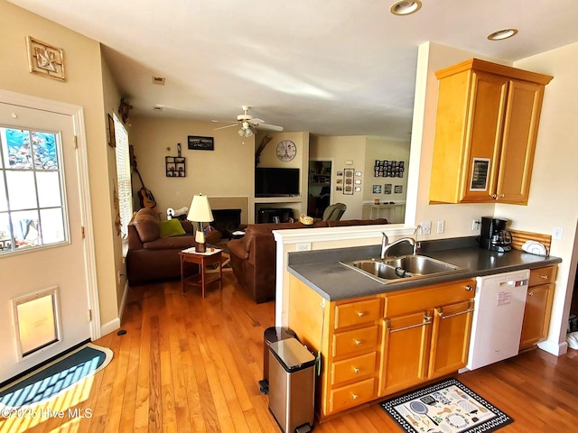 kitchen with white dishwasher, dark countertops, ceiling fan, a sink, and light wood-style floors