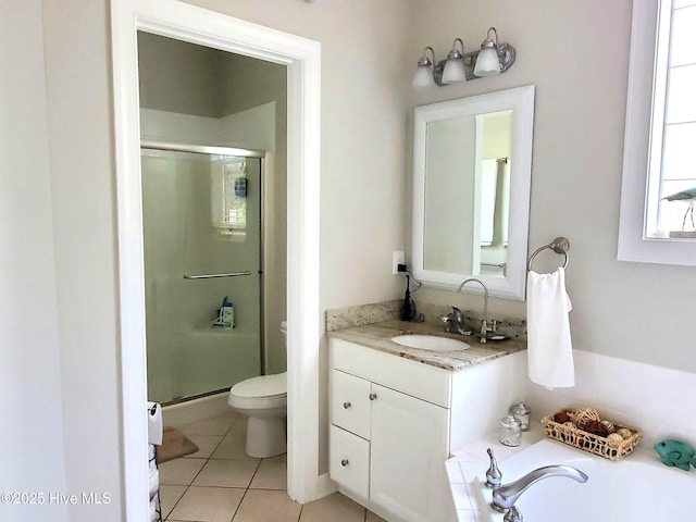 bathroom with vanity, toilet, tile patterned flooring, and a stall shower