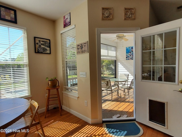 entryway featuring baseboards, visible vents, a wealth of natural light, and wood finished floors