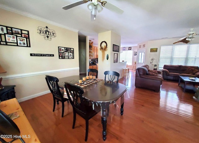 dining area with crown molding, a ceiling fan, baseboards, and wood finished floors