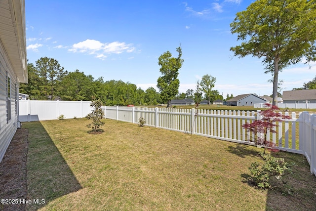 view of yard with a fenced backyard and a residential view