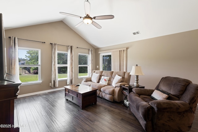 743 Heather Glen Ln, Calabash, NC 28467 - living room with high vaulted ceiling, visible vents, dark wood-type flooring, a ceiling fan, and baseboards