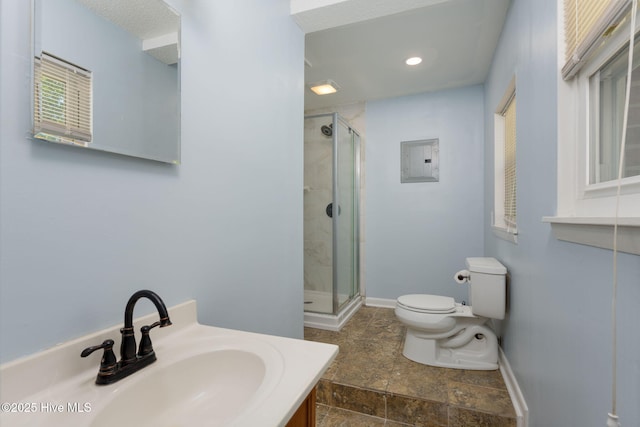 bathroom with toilet, baseboards, electric panel, and a stall shower