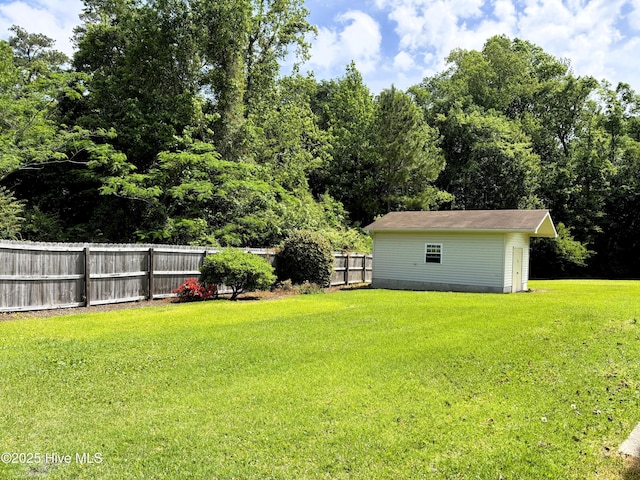 view of yard featuring an outbuilding and a fenced backyard
