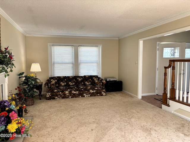 carpeted living area with crown molding, a textured ceiling, and a healthy amount of sunlight