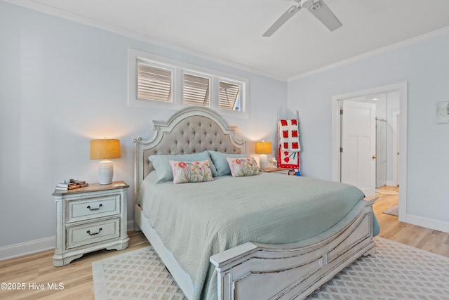 bedroom with ceiling fan, baseboards, ornamental molding, and light wood-style flooring