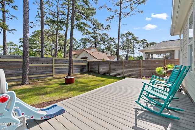 wooden deck with a fenced backyard and a lawn