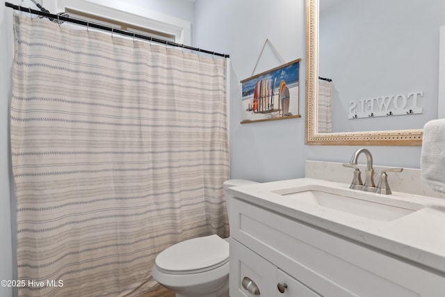 bathroom with vanity, toilet, and a shower with curtain