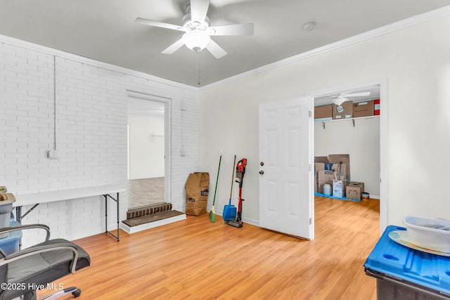 rec room with crown molding, ceiling fan, and light wood-type flooring