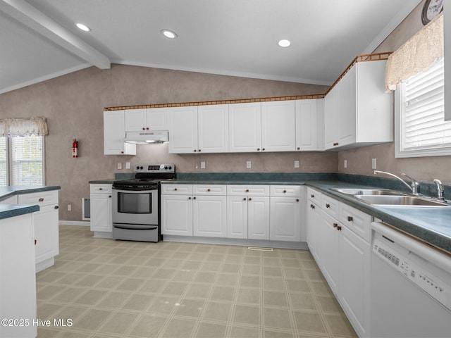 305 Cottontail Run, Newport, NC 28570 - kitchen with electric range, dishwasher, a sink, lofted ceiling with beams, and under cabinet range hood