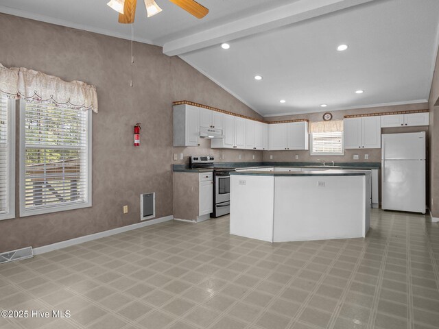 305 Cottontail Run, Newport, NC 28570 - kitchen with ceiling fan, visible vents, freestanding refrigerator, under cabinet range hood, and stainless steel electric stove
