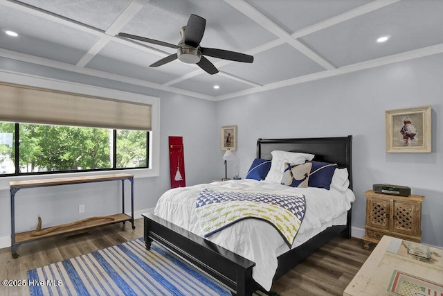 109 Teakwood Dr Unit 802, Carolina Beach, NC 28428 - bedroom with coffered ceiling, wood finished floors, crown molding, recessed lighting, and ceiling fan