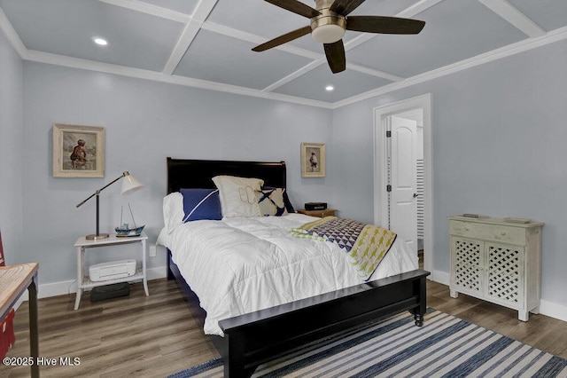 109 Teakwood Dr Unit 802, Carolina Beach, NC 28428 - bedroom featuring coffered ceiling, wood finished floors, recessed lighting, a ceiling fan, and ornamental molding