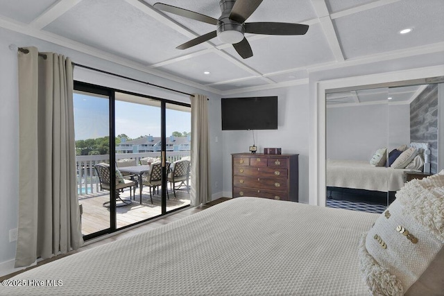 109 Teakwood Dr Unit 802, Carolina Beach, NC 28428 - bedroom featuring coffered ceiling, access to outside, a closet, ceiling fan, and beamed ceiling