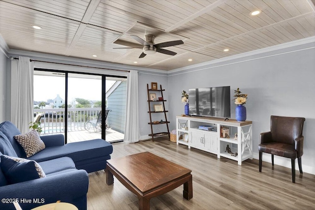 109 Teakwood Dr Unit 802, Carolina Beach, NC 28428 - living room featuring ornamental molding, ceiling fan, wood ceiling, wood finished floors, and recessed lighting