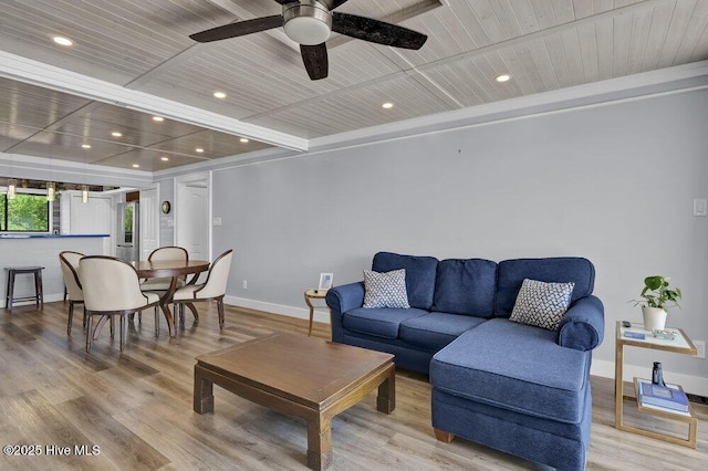 109 Teakwood Dr Unit 802, Carolina Beach, NC 28428 - living area featuring wood ceiling, wood finished floors, ceiling fan, and recessed lighting
