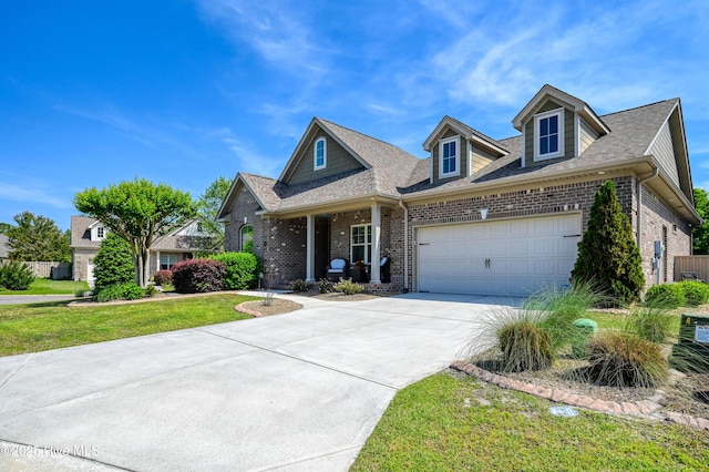 craftsman-style house featuring brick siding, a garage, a front yard, and concrete driveway