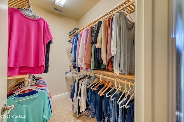 walk in closet featuring visible vents and carpet flooring