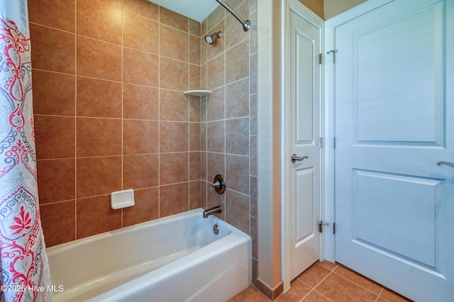 full bathroom with shower / bath combination with curtain and tile patterned flooring
