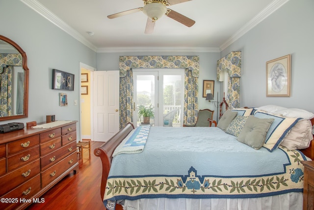 bedroom featuring ornamental molding, dark wood-style flooring, access to exterior, baseboards, and ceiling fan