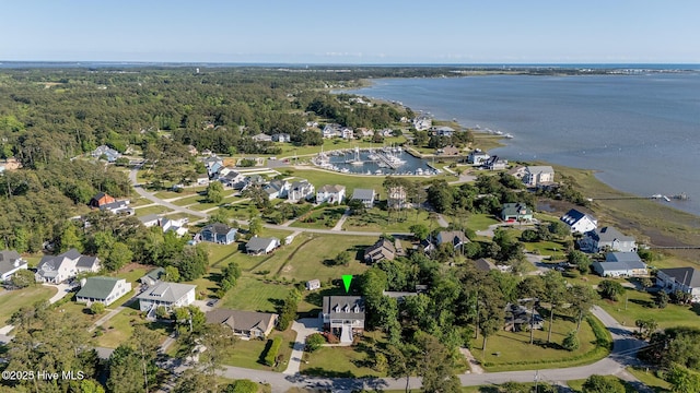 bird's eye view featuring a water view and a residential view