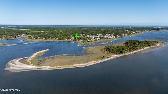 drone / aerial view featuring a water view and a forest view