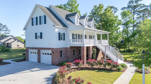 view of property exterior featuring a lawn, covered porch, brick siding, concrete driveway, and an attached garage