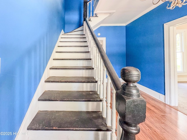 staircase featuring baseboards, ornamental molding, and wood finished floors