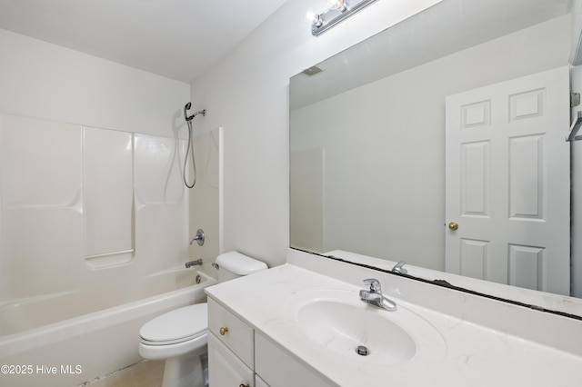 bathroom with vanity, toilet, bathing tub / shower combination, and visible vents