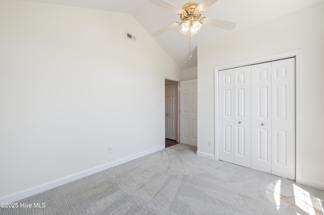 4109 Kettering Pl, Wilmington, NC 28412 - unfurnished bedroom with carpet flooring, a closet, baseboards, a ceiling fan, and high vaulted ceiling