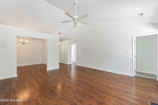 unfurnished living room with baseboards, high vaulted ceiling, wood finished floors, and ceiling fan with notable chandelier