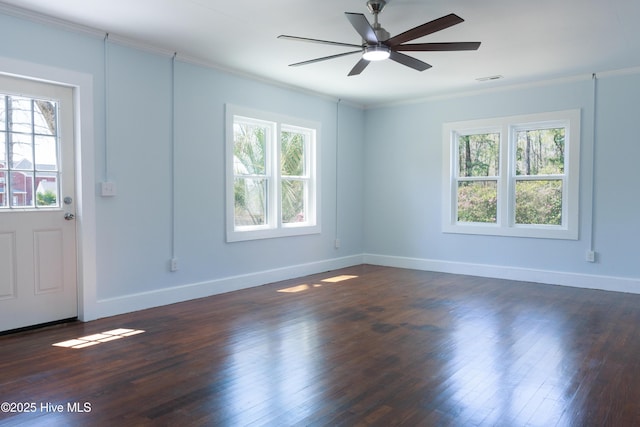 foyer featuring baseboards, ornamental molding, dark wood-style flooring, and ceiling fan