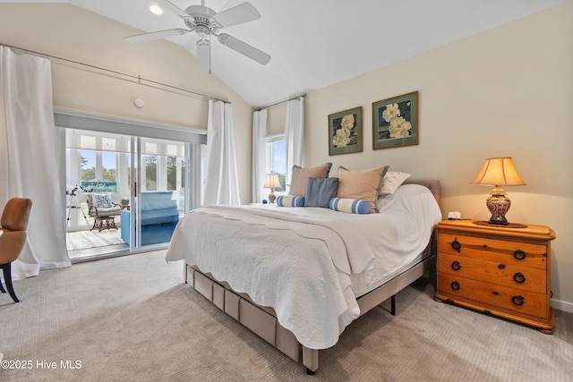 1710 Deerfield Ct SW Unit 4A, Ocean Isle Beach, NC 28469 - carpeted bedroom featuring access to exterior, lofted ceiling, and ceiling fan