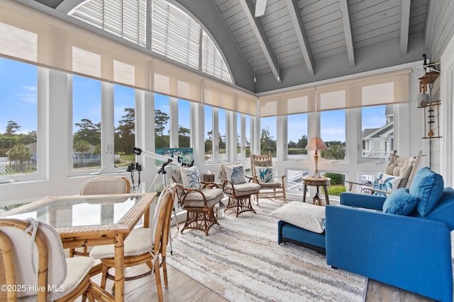1710 Deerfield Ct SW Unit 4A, Ocean Isle Beach, NC 28469 - sunroom featuring wood finished floors, high vaulted ceiling, wood ceiling with exposed beams, and a water view