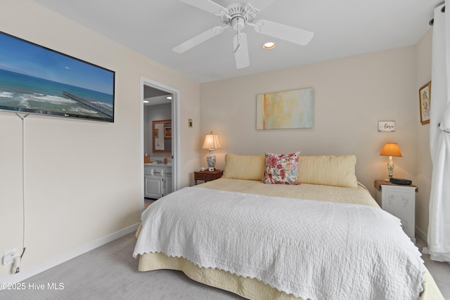 1710 Deerfield Ct SW Unit 4A, Ocean Isle Beach, NC 28469 - carpeted bedroom with baseboards, a ceiling fan, recessed lighting, and ensuite bathroom
