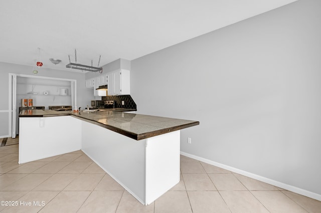 2910 Mulberry Ln Unit B, Greenville, NC 27858 - kitchen with a peninsula, white cabinetry, tile countertops, light tile patterned flooring, and decorative backsplash