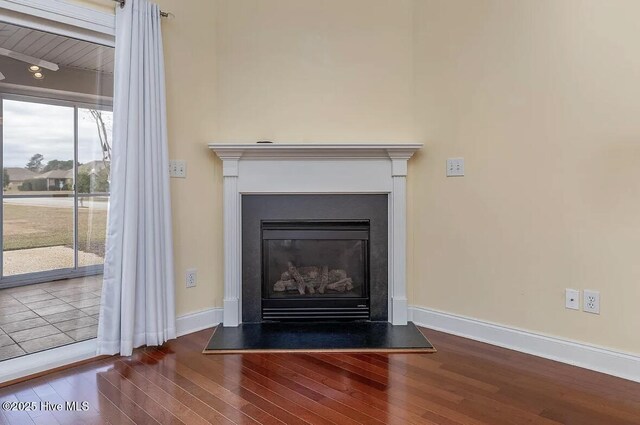 room details featuring a fireplace with flush hearth, baseboards, and wood finished floors