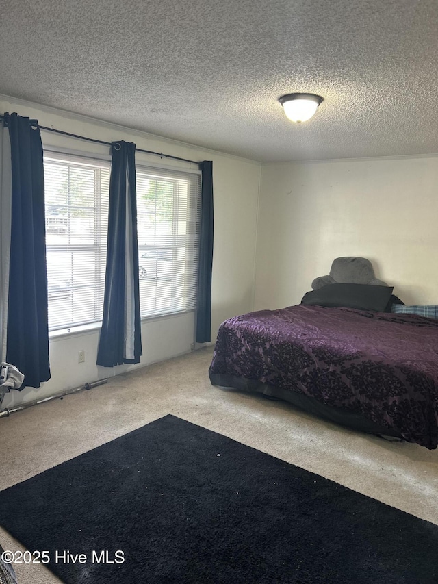 bedroom with carpet flooring and a textured ceiling