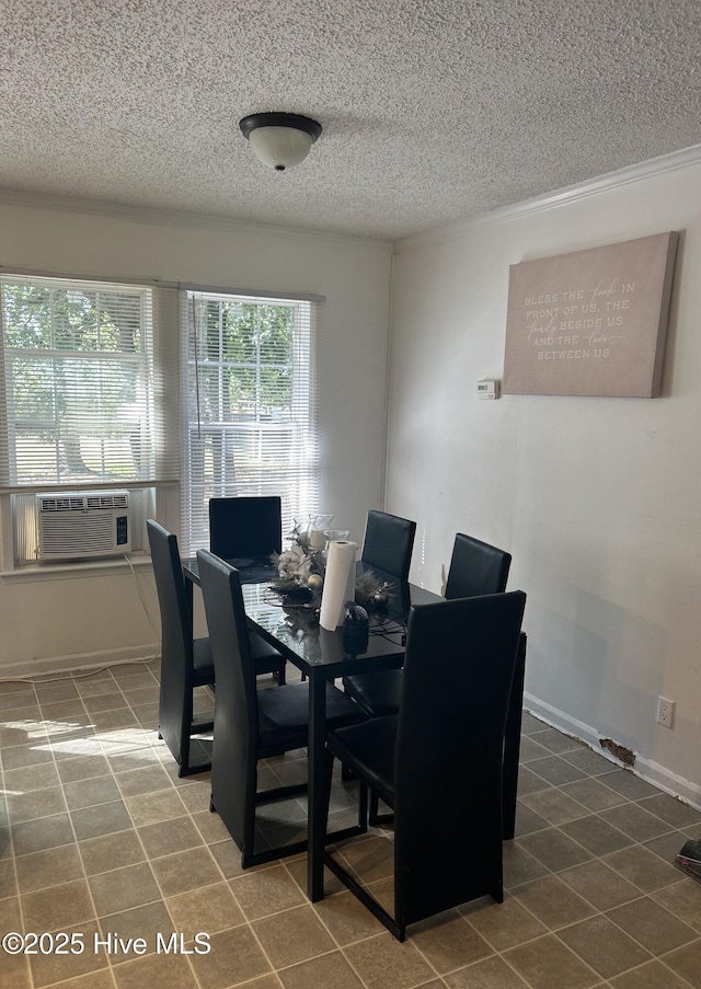 dining room featuring tile patterned flooring, a textured ceiling, and cooling unit