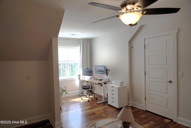 office featuring baseboards, a ceiling fan, and wood finished floors