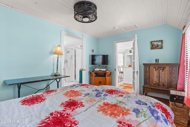 312 E W St, Southport, NC 28461 - bedroom featuring attic access, wood finished floors, vaulted ceiling, multiple windows, and wooden ceiling