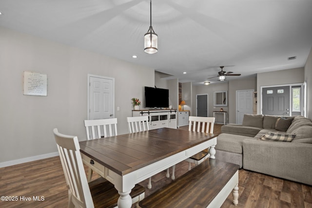 dining space with wood finished floors, ceiling fan, baseboards, and recessed lighting